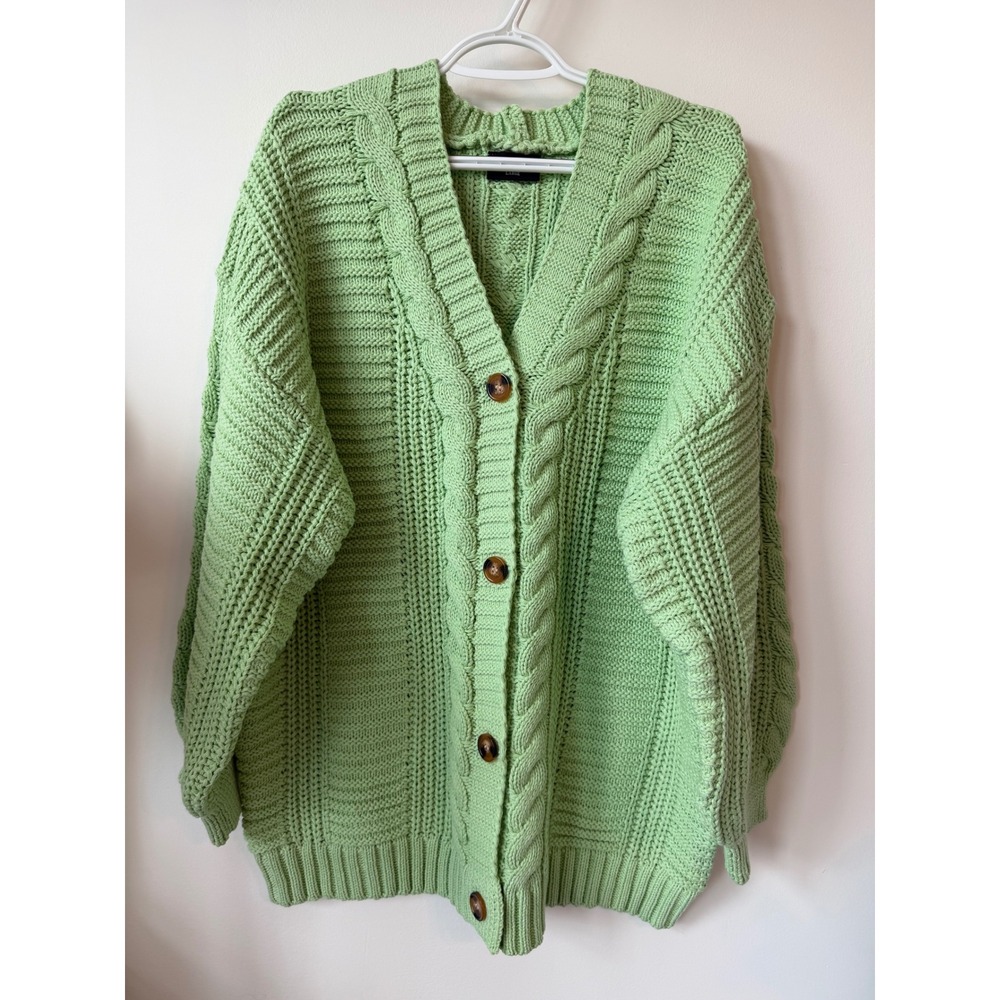 VICI Womens Large Lime Green Cable Knit Button Front Chunky Cardigan Sweater